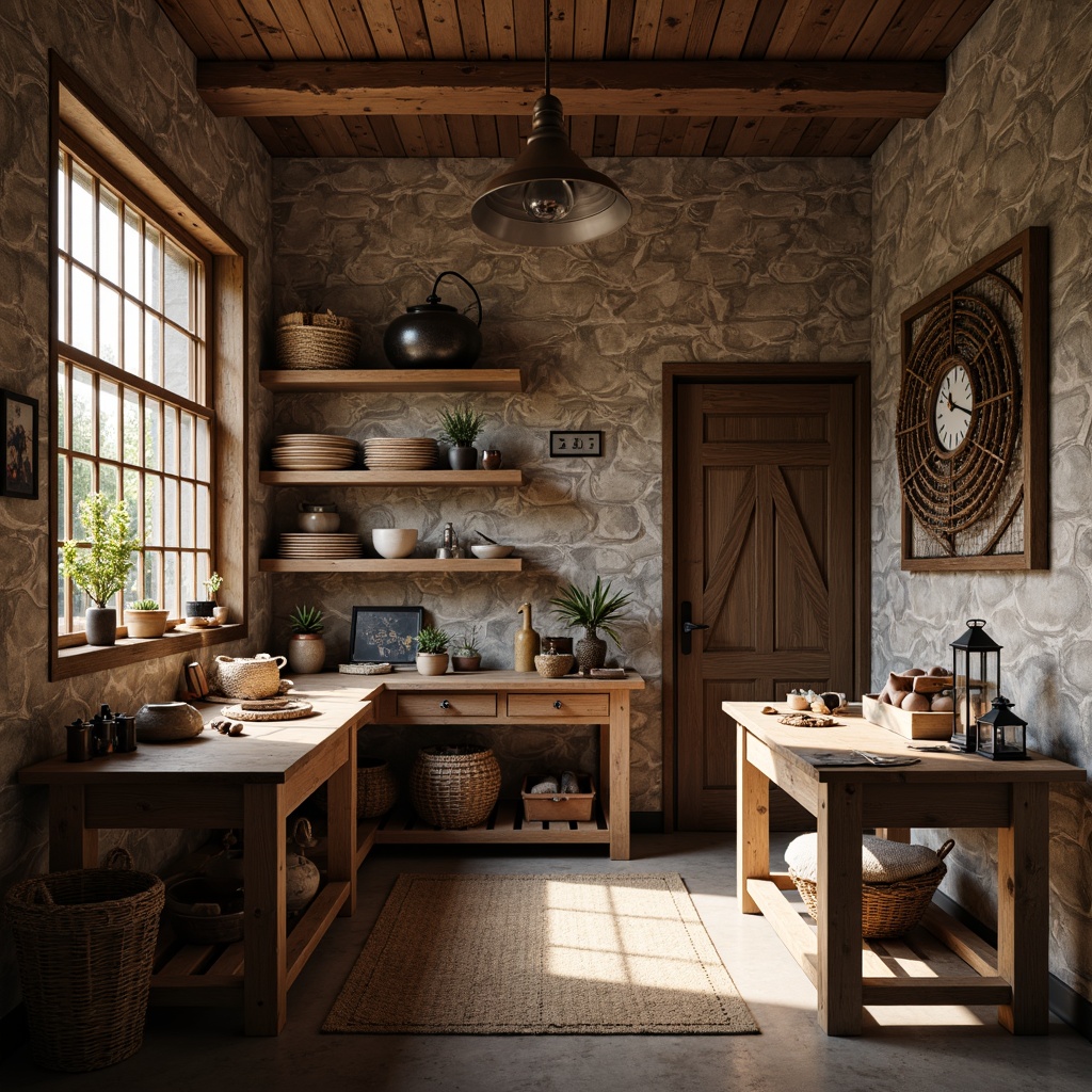 Prompt: Rustic craft room, wooden workbenches, vintage tools, distressed finishes, earthy color palette, natural stone walls, reclaimed wood shelves, metal lanterns, woven baskets, cozy throw blankets, soft warm lighting, shallow depth of field, 3/4 composition, realistic textures, ambient occlusion.