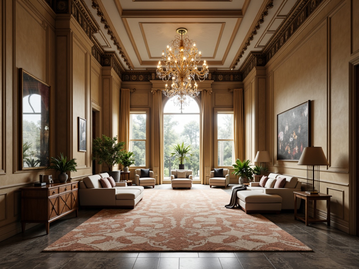 Prompt: Elegant mansion, grand entrance, ornate facades, lavish furnishings, crystal chandeliers, intricately patterned rugs, marble flooring, gold accents, luxurious textiles, statement walls, modern artwork, sleek lines, minimalist decor, subtle color palette, natural light pouring in, 1/1 composition, soft focus, atmospheric lighting.