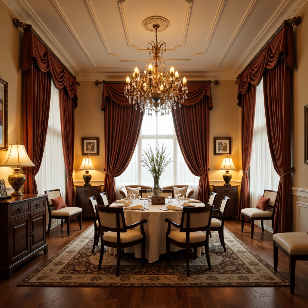 Prompt: Cozy traditional dining room, warm beige walls, ornate wooden furniture, luxurious velvet drapes, crystal chandelier, soft warm glow, candelabra centerpiece, ambient table lamps, floor-to-ceiling curtains, rich wood flooring, elegant high ceiling, decorative molding details, subtle color palette, intimate seating arrangement, classic artwork pieces, sophisticated window treatments, warm white lighting, 1/1 composition, realistic textures, shallow depth of field.