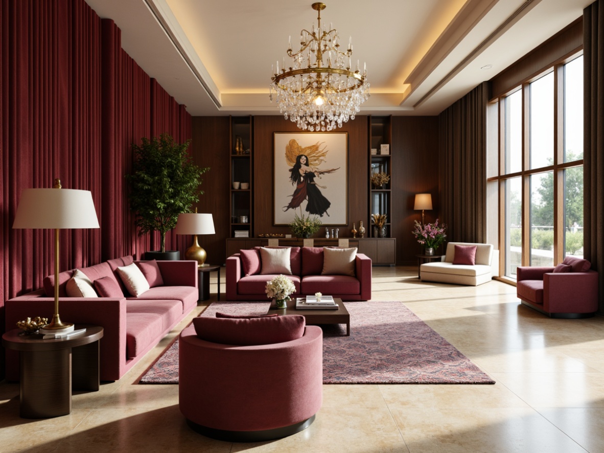 Prompt: Luxurious interior, rich burgundy accent walls, velvety smooth furniture upholstery, dark wood tones, golden metallic accents, soft cream-colored ceilings, warm beige marble floors, elegant crystal chandeliers, subtle patterned rugs, lavish drapery, sophisticated modern architecture, natural light pouring through floor-to-ceiling windows, 1/2 composition, softbox lighting, high-end textures, atmospheric ambiance.