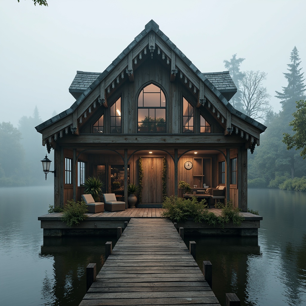 Prompt: Rustic boathouse, wooden dock, weathered planks, ornate Gothic arches, pointed windows, ribbed vaults, flying buttresses, intricate stone carvings, mysterious lanterns, overhanging eaves, steeply pitched roof, slate tiles, moss-covered walls, water-lapped foundation, misty lake atmosphere, soft warm lighting, 1/2 composition, atmospheric perspective, rich textures, subtle ambient occlusion.