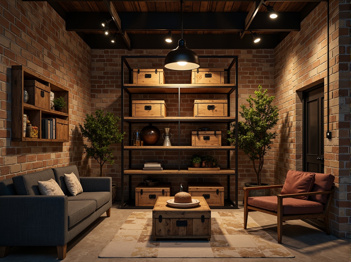 Prompt: Cozy storage room, rustic wooden crates, industrial metal shelving, vintage trunks, warm ambient lighting, exposed brick walls, distressed wood accents, soft diffused glow, pendant lamps, matte black finishes, minimalist design, functional task lighting, adjustable arm lamps, LED strip lights, industrial-style metal shades, earthy tone color palette, natural stone flooring, reclaimed wood decor.