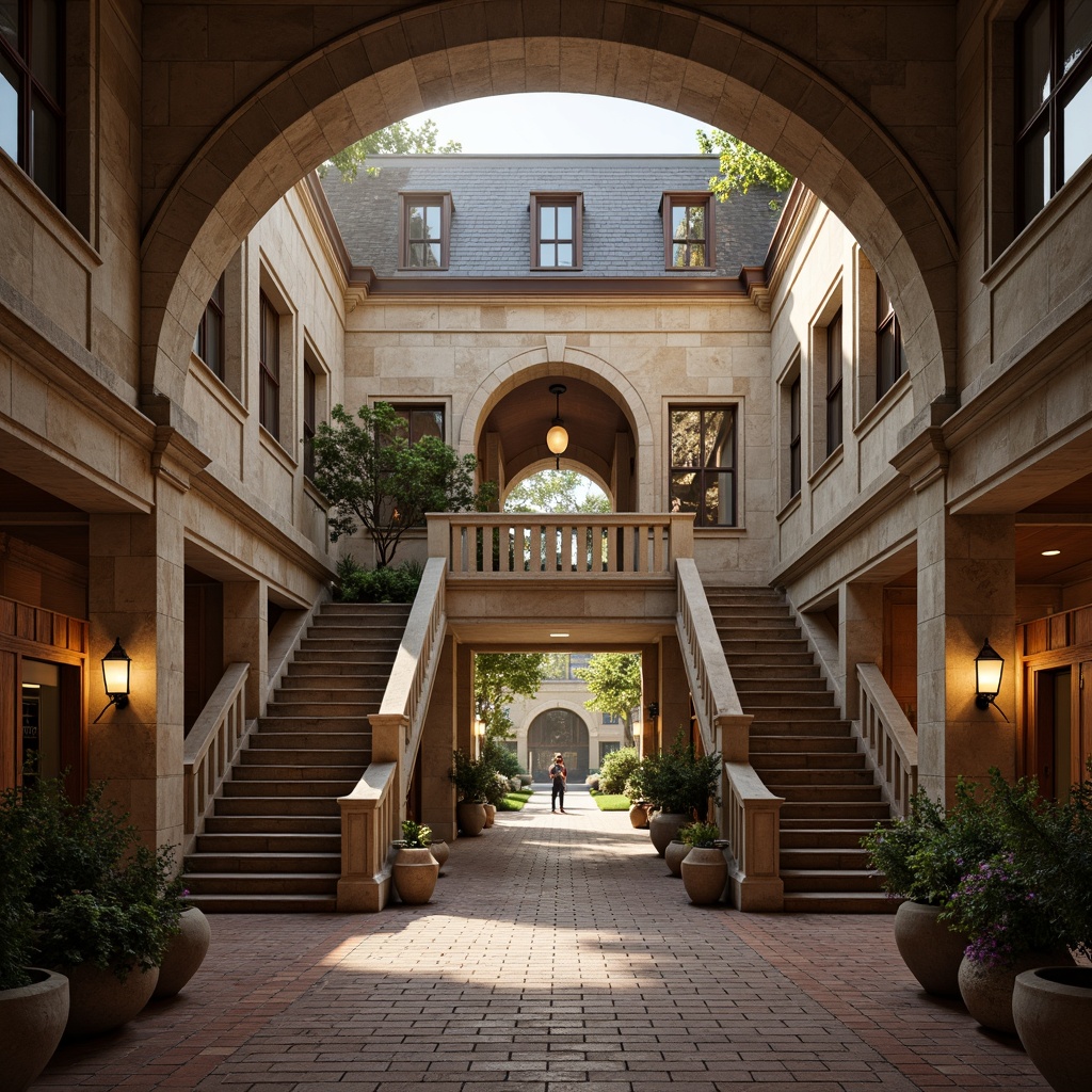 Prompt: Renaissance-inspired campus building, ornate stone facades, classic archways, symmetrical compositions, grand entrance halls, sweeping staircases, wooden paneling, richly textured brickwork, muted earthy tones, warm golden lighting, soft misty atmosphere, shallow depth of field, 1/1 composition, realistic stone textures, ambient occlusion.