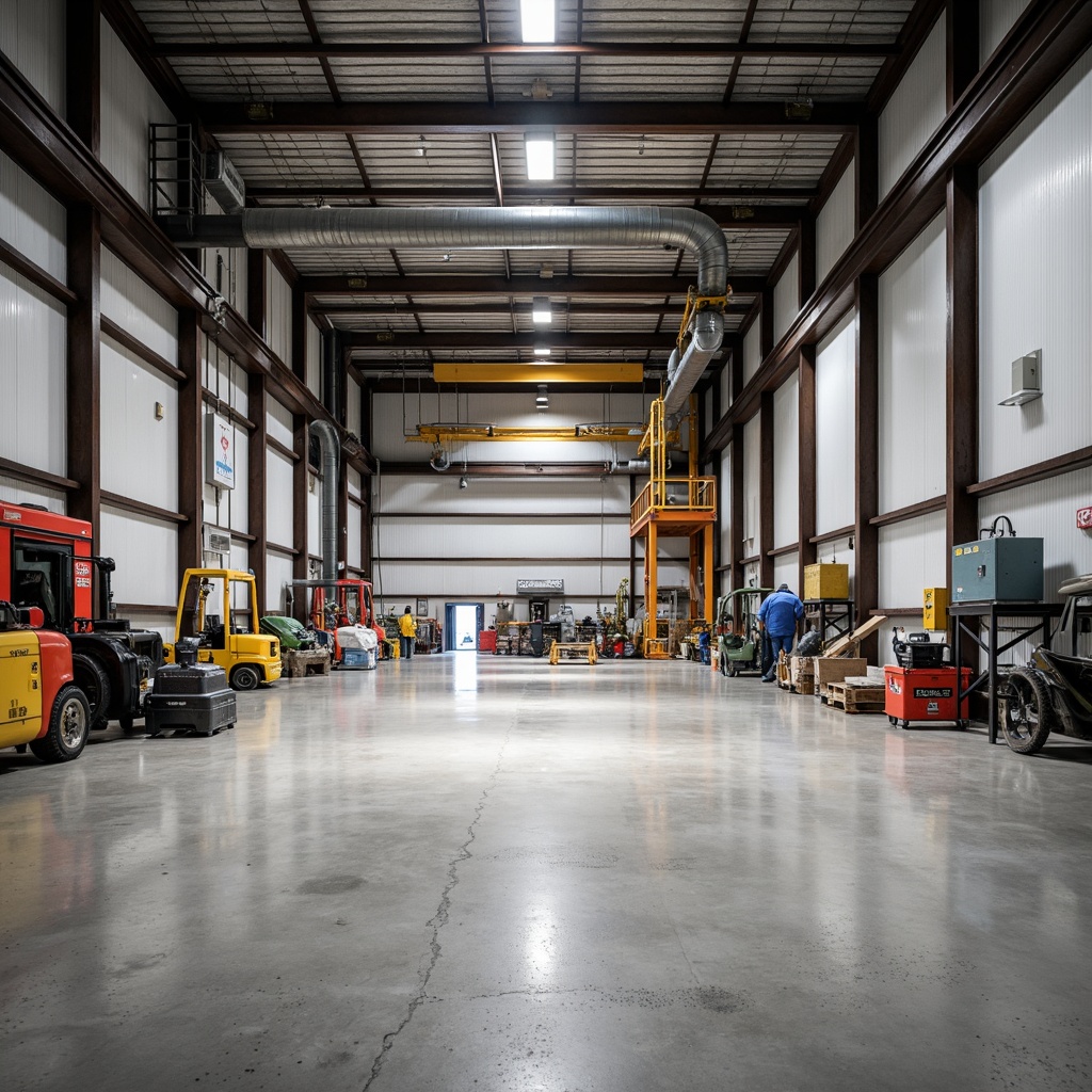 Prompt: Industrial warehouse interior, polished concrete floors, epoxy resin coatings, non-slip textures, heavy-duty machinery, steel beams, exposed ductwork, high ceilings, metal halide lighting, neutral color schemes, functional design, durability-focused materials, low-maintenance requirements, chemical-resistant surfaces, sound-absorbing acoustic panels, 3/4 composition, symmetrical framing, overhead crane systems, mechanical equipment, urban industrial aesthetic, modern industrial architecture.