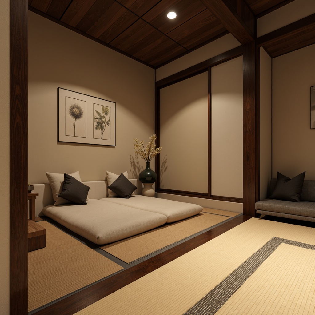 Prompt: Traditional Japanese tatami mats, dark wood flooring, polished bamboo surfaces, natural stone tiles, subtle texture patterns, warm beige colors, soft warm lighting, shallow depth of field, 3/4 composition, serene atmosphere, minimal ornamentation, functional simplicity, harmonious balance, elegant curves, modern Asian-inspired design elements.