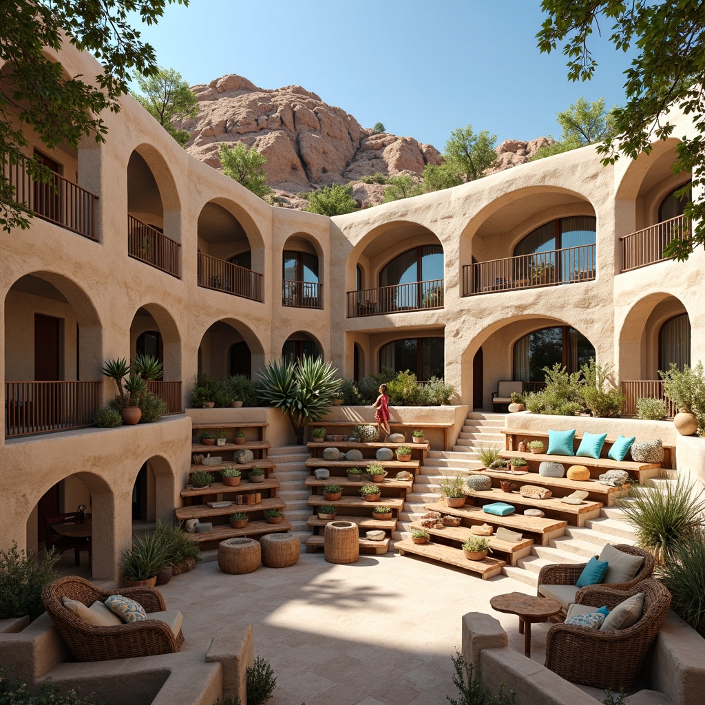 Prompt: Southwestern amphitheater, tiered seating arrangement, vibrant turquoise accents, natural stone walls, wooden benches with intricate carvings, cozy throw blankets, desert landscape, cactus plants, warm sunny day, clear blue sky, rustic metal railings, woven wicker furniture, earthy tone color palette, organic shape structures, dramatic arches, ambient soft lighting, shallow depth of field, 3/4 composition, panoramic view, realistic textures, ambient occlusion.