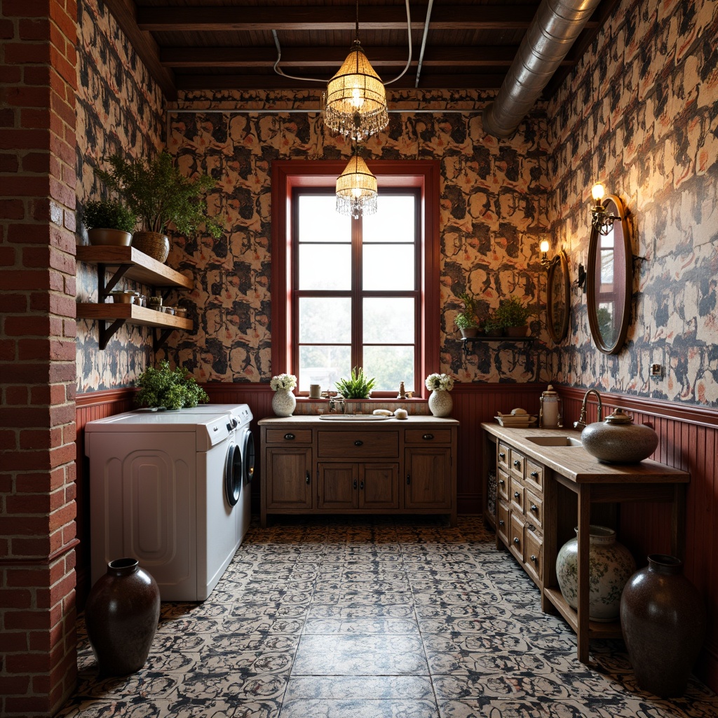 Prompt: Richly patterned Victorian-era inspired laundry room, hexagonal terracotta tiles, ornate black and white mosaic flooring, distressed wood plank floors, rustic brick red accents, industrial-style metal beams, elegant chandeliers, soft warm lighting, vintage washing machines, antique irons, decorative wooden cabinets, floral patterned ceramic vases, lace curtains, cozy nooks, 1/2 composition, shallow depth of field, realistic textures, ambient occlusion.