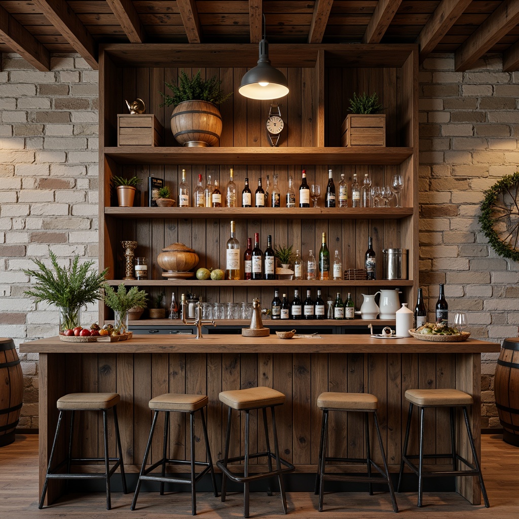 Prompt: Rustic home bar, reclaimed wood shelves, industrial metal brackets, distressed wooden planks, vintage decor, earthy color palette, warm ambient lighting, natural stone walls, wooden crates, antique beer barrels, exposed brick surfaces, eclectic decorative items, modern minimalist hardware, rich leather upholstery, cozy intimate atmosphere, shallow depth of field, 1/1 composition, realistic textures.