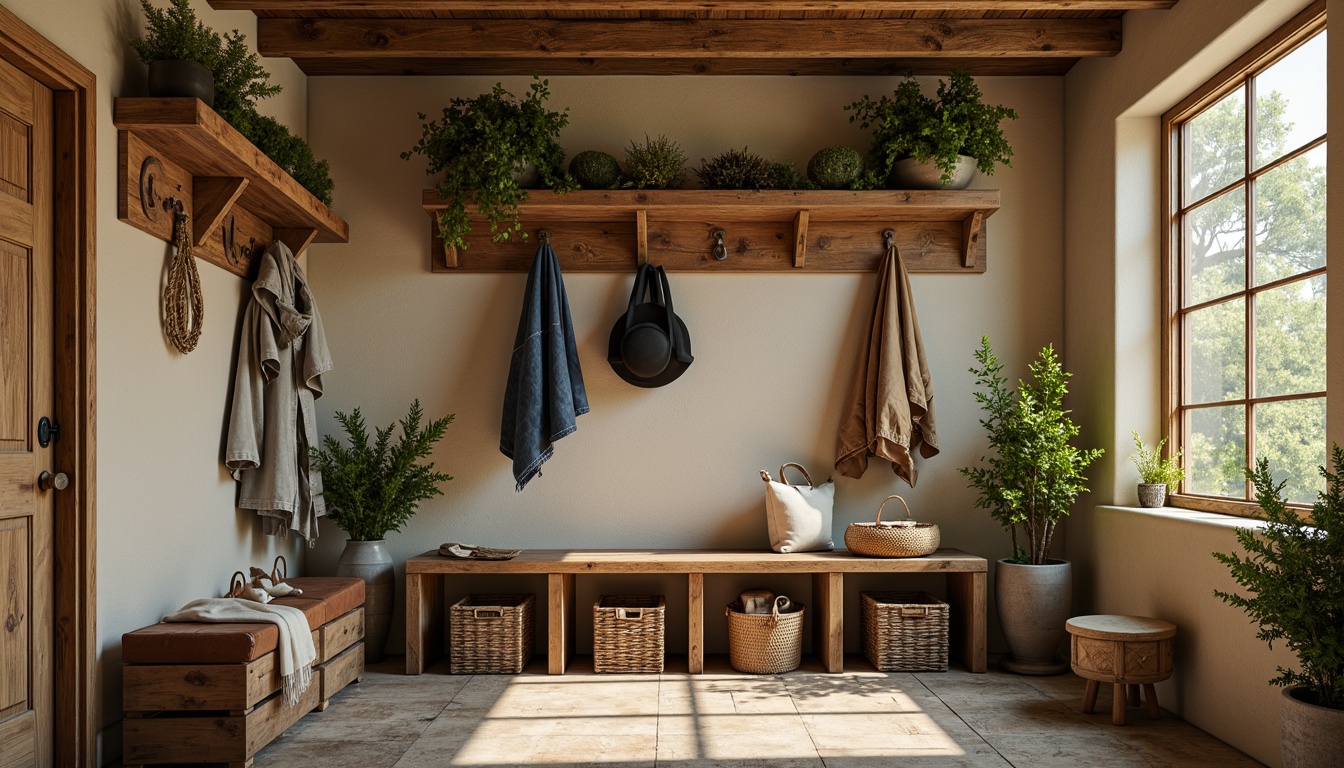 Prompt: Rustic mudroom, earthy tones, warm beige walls, natural wood accents, weathered metal hooks, distressed leather benches, woven baskets, vintage outdoor gear, mossy greenery, stone flooring, industrial metal shelving, reclaimed wood crates, soft warm lighting, 1/2 composition, shallow depth of field, realistic textures.