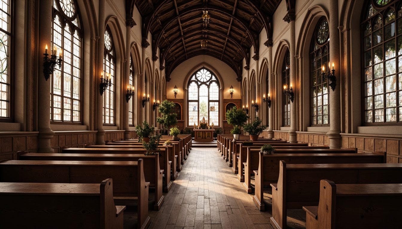 Prompt: Rustic wooden pews, ornate Gothic arches, stained glass windows, intricate carvings, polished oak floors, handcrafted wooden altars, decorative trims, vaulted ceilings, warm candlelight, soft natural textures, detailed wood grain, realistic reflections, 1/1 composition, intimate atmosphere, serene ambiance, warm color palette, subtle lighting effects.