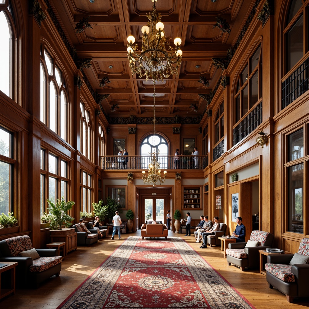 Prompt: \Ornate community center, high ceilings, wooden flooring, rich wood tones, polished surfaces, intricate patterns, Victorian-era inspired design, grand chandeliers, luxurious textiles, ornamental rugs, statement furniture pieces, warm ambient lighting, soft focus, 1/1 composition, realistic materials, detailed textures.\