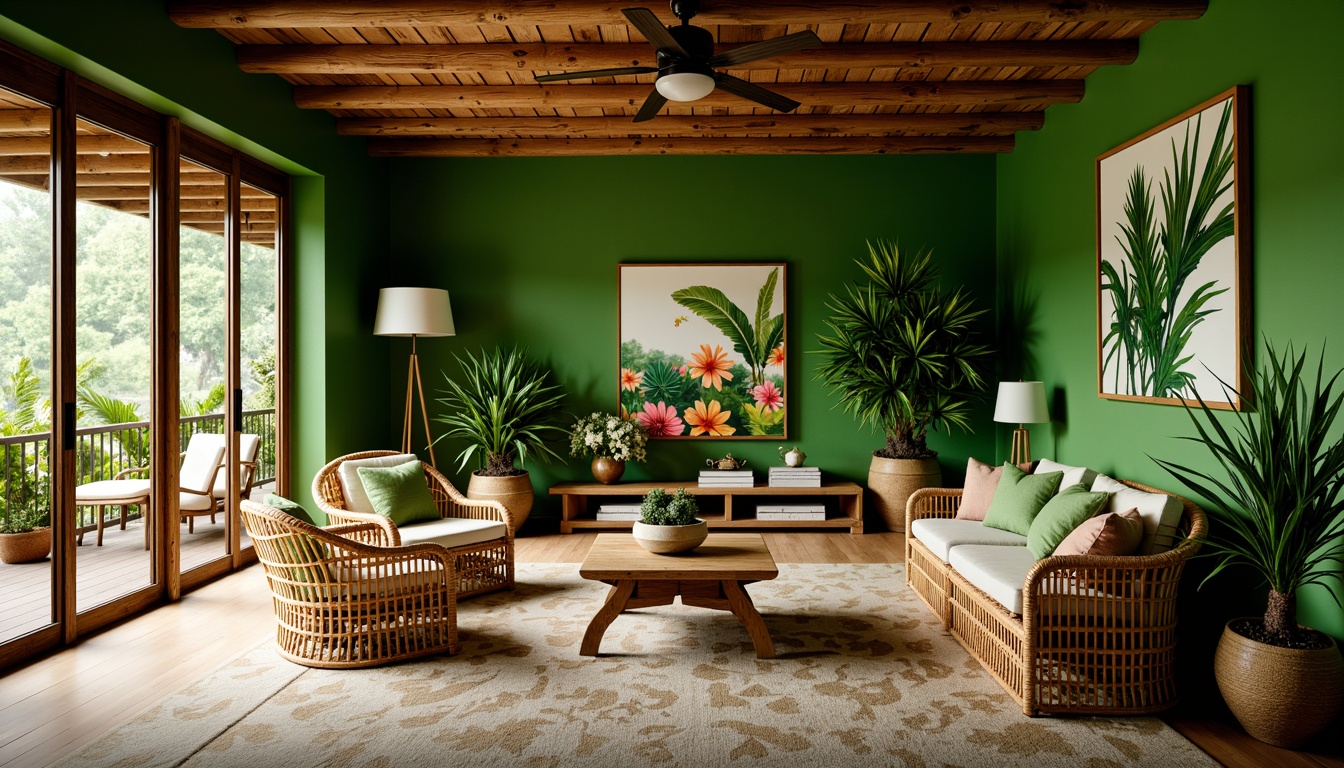 Prompt: Tropical living room, lush green walls, natural woven furniture, rattan chairs, wicker coffee tables, vibrant floral patterns, exotic plants, wooden ceiling fans, bamboo flooring, earthy tone color palette, warm soft lighting, cozy ambiance, 1/1 composition, shallow depth of field, realistic textures, ambient occlusion.Let me know if this meets your requirements!