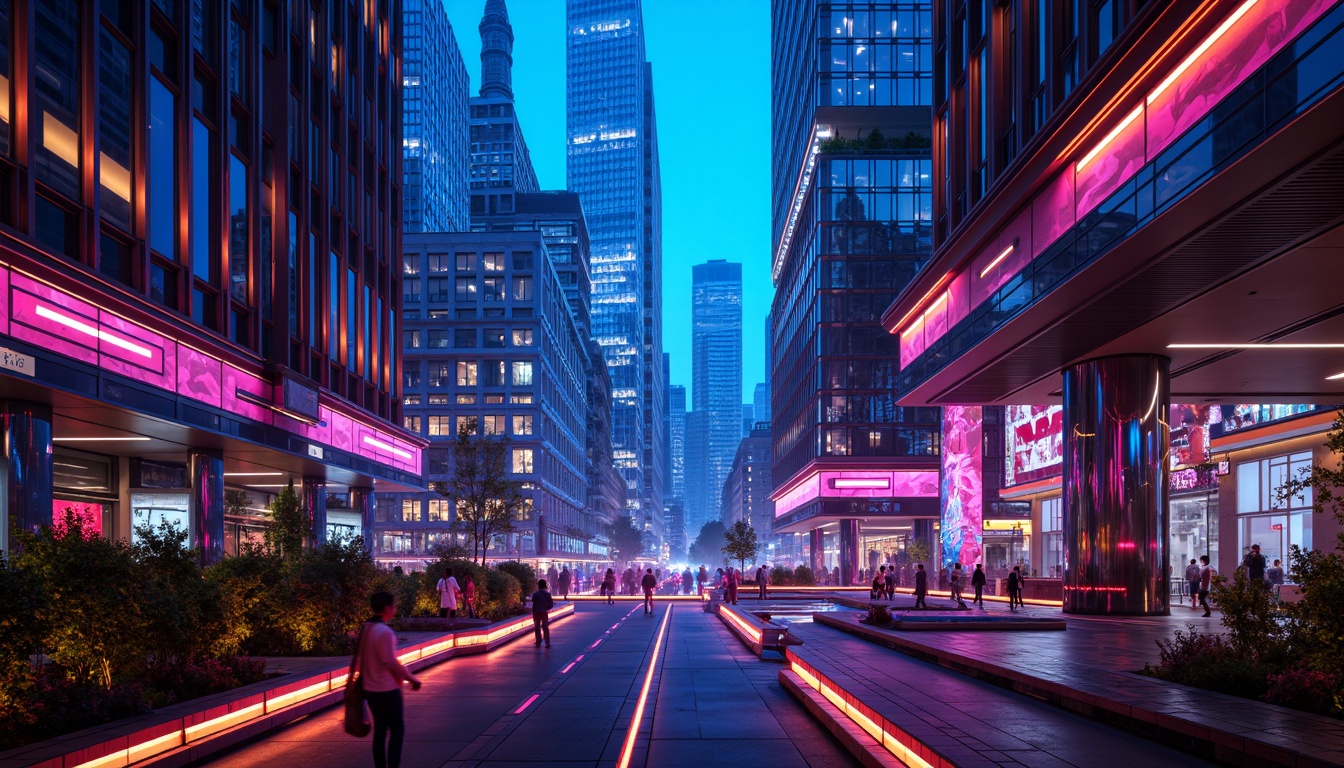 Prompt: Neon-lit cityscape, futuristic skyscrapers, iridescent hues, electric blue accents, neon pink highlights, metallic silver surfaces, glowing orange lines, holographic displays, luminescent LED lights, sleek modern architecture, curved glass facades, reflective chrome details, cyberpunk-inspired atmosphere, dark mysterious backgrounds, vibrant color contrasts, 3D geometric patterns, dynamic lighting effects, high-tech gadgetry, minimalist interior design, ambient futuristic soundscape.