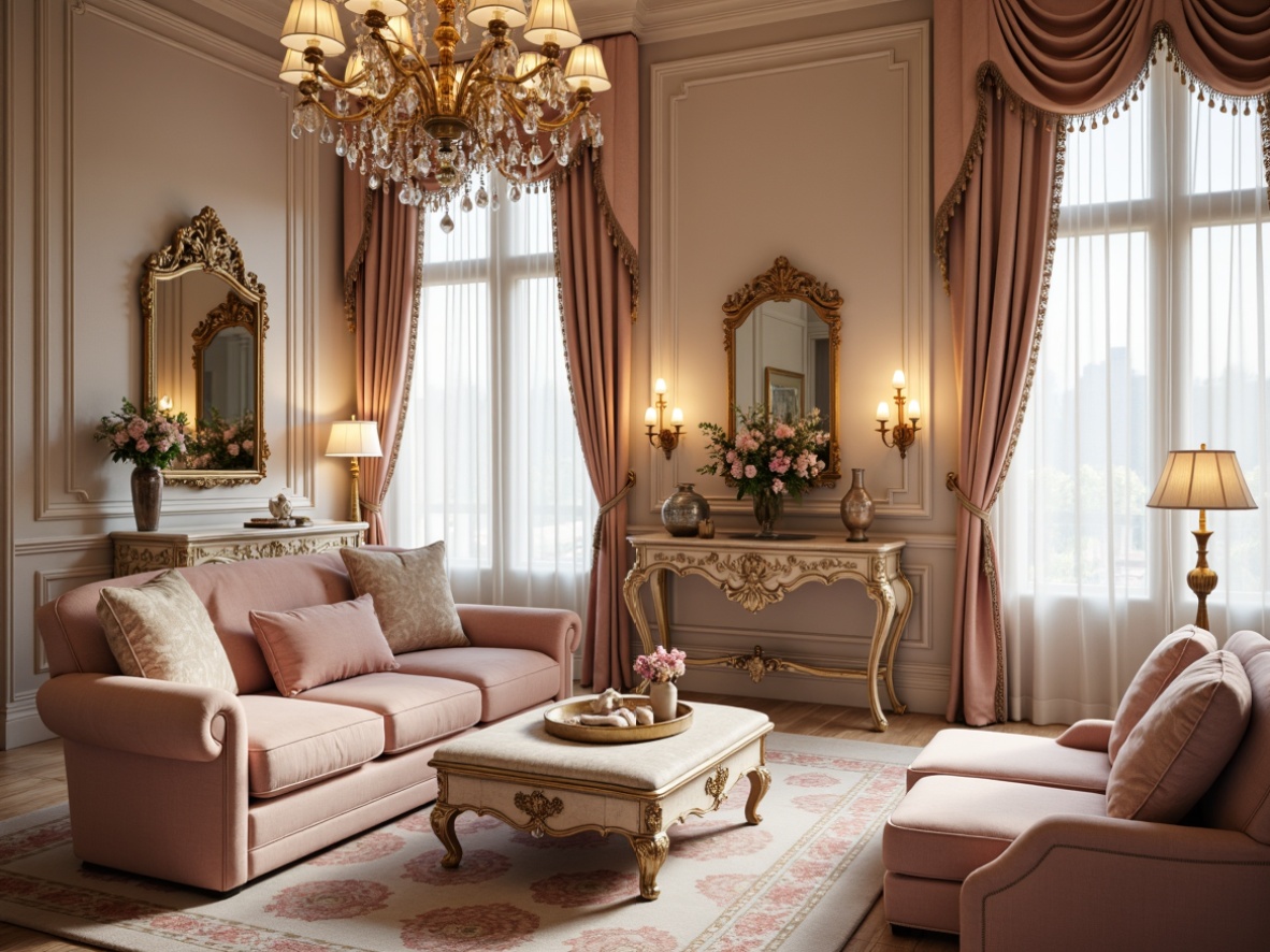 Prompt: Luxurious boudoir, ornate furnishings, soft pastel hues, pale pink accents, creamy whites, rich golds, velvety textures, intricate patterns, baroque details, lavish drapery, tassel trimmings, crystal chandeliers, warm candlelight, shallow depth of field, 1/1 composition, romantic ambiance, indulgent atmosphere.