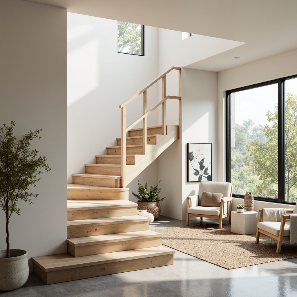 Prompt: Light-filled staircase, bleached wood treads, minimalist railing, pale oak banister, creamy white walls, soft gray concrete floors, matte black metal accents, natural linen upholstery, woven jute rugs, subtle texture contrasts, warm beige paint, delicate Nordic patterns, oversized windows, abundant natural light, airy atmosphere, 1/1 composition, shallow depth of field, realistic wood textures, ambient occlusion.