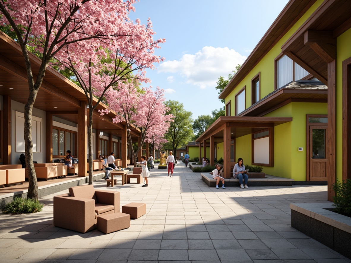 Prompt: Traditional Asian-style middle school, serene courtyard, natural stone flooring, wooden accents, paper lanterns, soft warm lighting, gentle glow, diffused indirect light, minimal shadows, comfortable reading nooks, collaborative learning spaces, interactive whiteboards, modern ergonomic furniture, vibrant green walls, blooming cherry blossom trees, sunny afternoon, shallow depth of field, 3/4 composition, realistic textures, ambient occlusion.