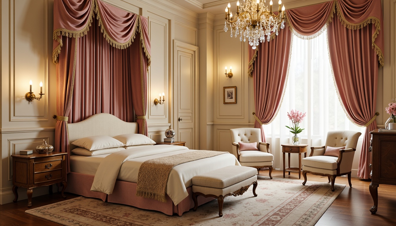 Prompt: Opulent Rococo dorm, soft warm beige walls, rich gold accents, luxurious cream fabrics, ornate wooden furnishings, delicate lace trim, pastel pink hues, lavish velvet drapes, intricate crystal chandeliers, plush area rugs, romantic candlelight, shallow depth of field, 1/1 composition, intimate atmosphere, realistic textures, ambient occlusion.