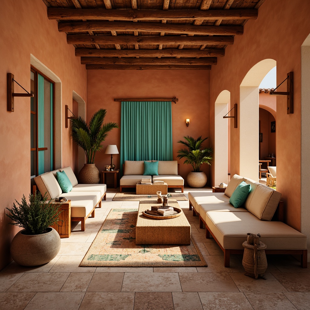 Prompt: Earthy amphitheater-inspired interior, warm terracotta walls, natural stone flooring, vibrant turquoise accents, sandy beige furniture, woven wicker textiles, rustic wooden beams, southwestern patterned rugs, ceramic tile mosaics, earthy brown leather upholstery, soft warm lighting, cozy atmospheric ambiance, 1/1 composition, shallow depth of field, realistic textures, ambient occlusion.