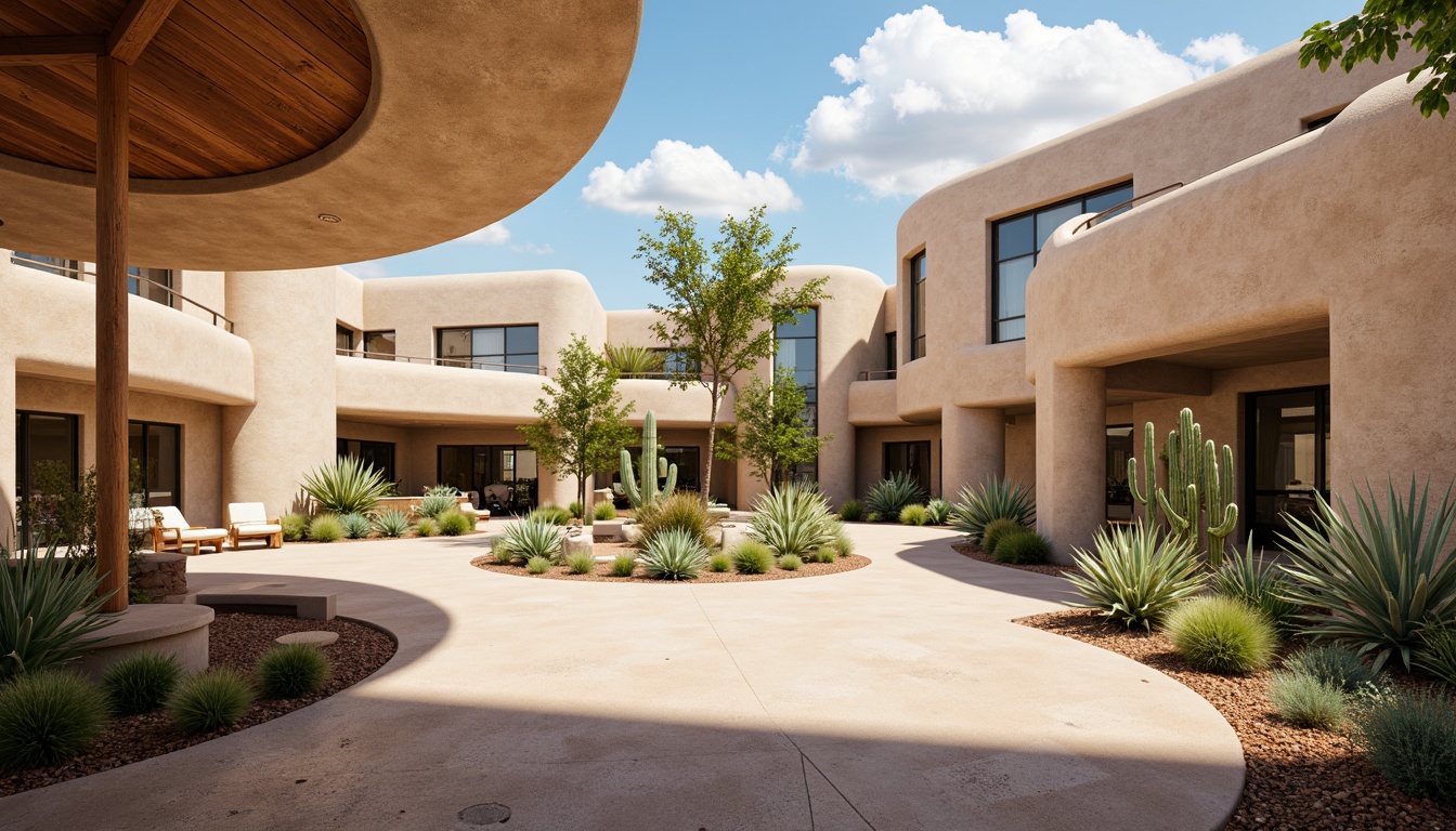 Prompt: Southwestern-style hospital building, adobe-inspired architecture, curved lines, earthy tones, natural stone walls, wooden accents, vibrant turquoise accents, desert landscape, cacti plants, warm sunny day, abundant natural light, large skylights, clerestory windows, open floor plan, minimalist decor, comfortable patient rooms, soothing ambiance, soft warm lighting, shallow depth of field, 3/4 composition, realistic textures, ambient occlusion.