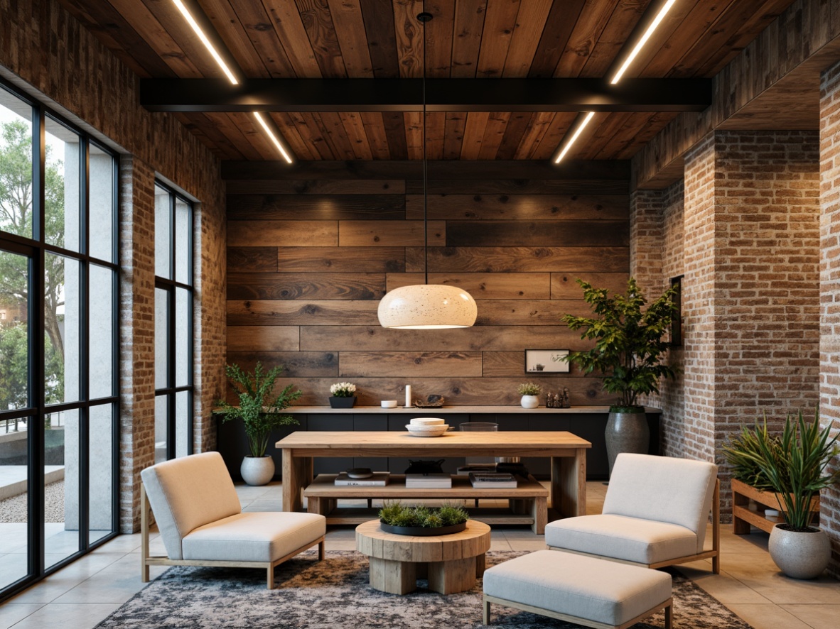 Prompt: Weathered wooden accents, reclaimed wood textures, earthy color palette, natural stone walls, exposed brick details, industrial metal frames, sleek glass surfaces, minimalist decor, cozy atmospheric lighting, soft warm shadows, shallow depth of field, 1/2 composition, realistic material reflections, ambient occlusion.