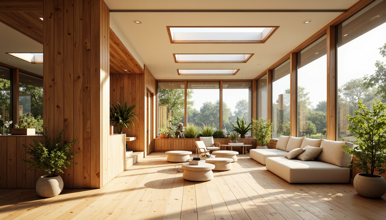 Prompt: Vibrant sunlit interior, warm wooden flooring, minimal window treatments, transparent glass walls, clerestory windows, skylights, soft diffused lighting, indirect illumination, bright airy atmosphere, natural textures, earthy color palette, organic shapes, seamless transitions, harmonious balance, 1/1 composition, shallow depth of field, realistic materials, ambient occlusion.