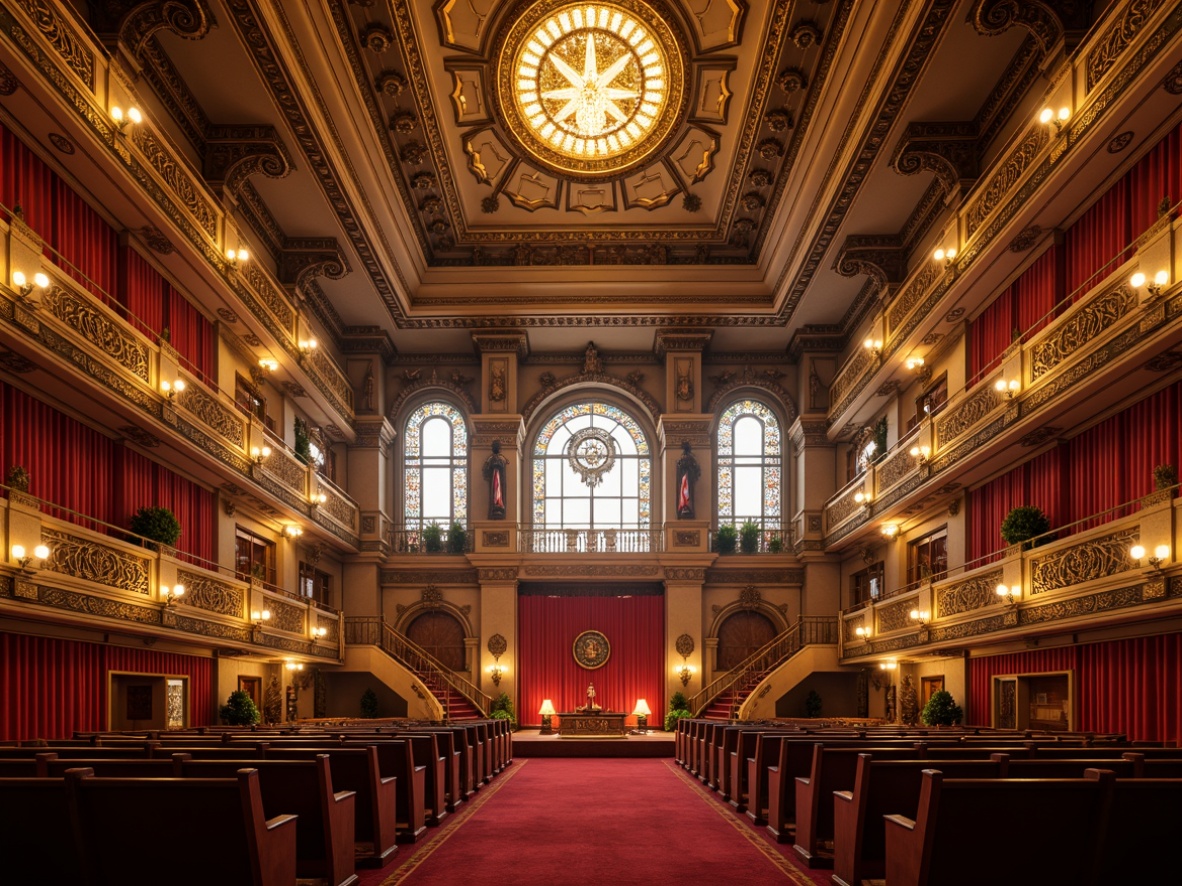 Prompt: Grand opera house, intricate stone carvings, ornate Gothic arches, ribbed vaulted ceilings, stunning stained glass windows, majestic grand staircases, opulent red velvet curtains, gilded balconies, Baroque-inspired furnishings, dramatic spotlights, warm golden lighting, shallow depth of field, 1/2 composition, symmetrical framing, high contrast ratio, realistic textures, ambient occlusion.