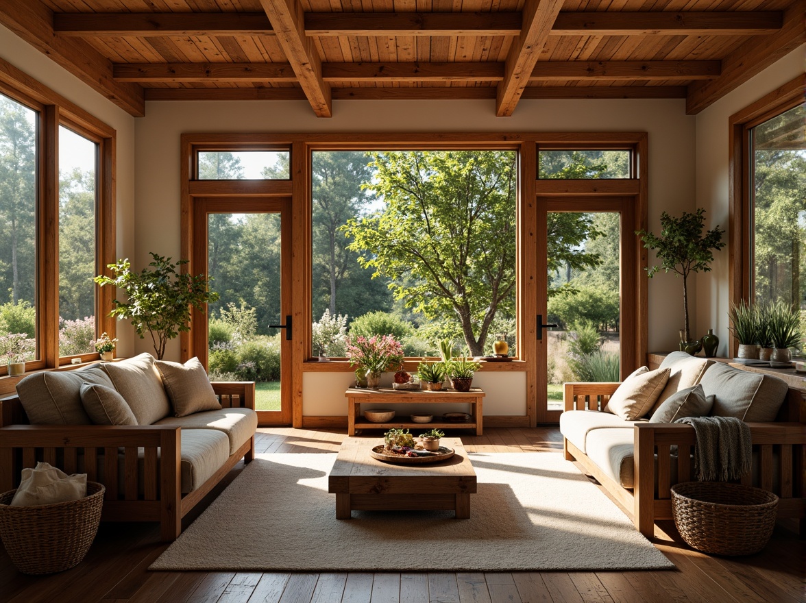 Prompt: Cozy living room, exposed wooden beams, rustic charm, earthy tones, natural materials, warm ambiance, soft warm lighting, inviting atmosphere, comfortable seating areas, plush throw blankets, woven baskets, vintage decor, distressed wood furniture, classic craftsman style, rectangular windows, sliding glass doors, lush greenery views, blooming flowers, sunny day, shallow depth of field, 3/4 composition, realistic textures, ambient occlusion.