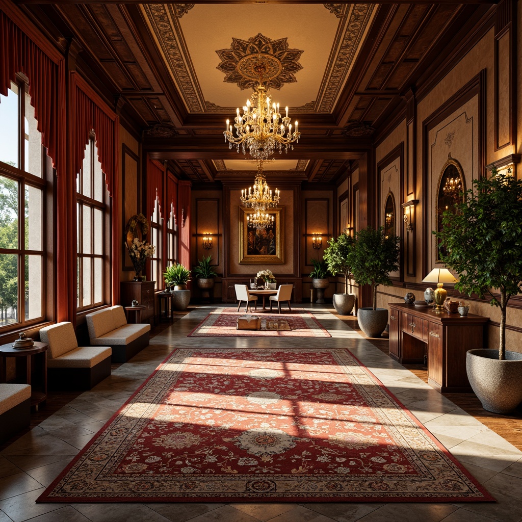 Prompt: Richly patterned rugs, ornate wooden flooring, dark-stained hardwood planks, intricate inlays, polished marble tiles, vintage-inspired ceramic mosaics, distressed stone surfaces, grand chandeliers, high ceilings, lavish furnishings, opulent drapery, warm golden lighting, 3/4 composition, shallow depth of field, realistic textures, ambient occlusion.