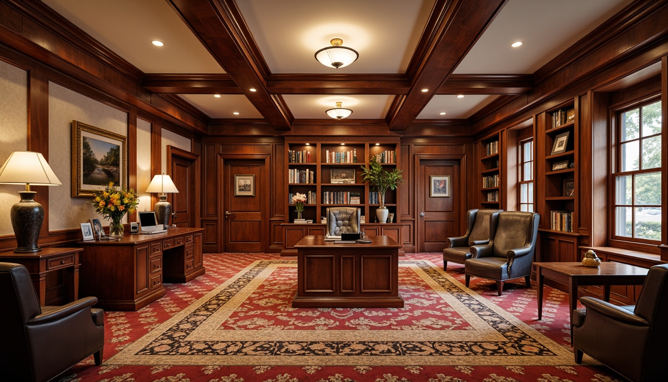 Prompt: Traditional office building interior, rich wood tones, ornate furnishings, plush carpeting, classic executive desks, leather armchairs, elegant conference tables, wooden paneling, crown molding details, warm lighting fixtures, coffered ceilings, decorative wall art, sophisticated color schemes, professional atmosphere, comfortable seating areas, classic bookshelves, traditional doorways, luxurious materials, symmetrical compositions, central focal points, harmonious balance, realistic textures, subtle ambient occlusion.