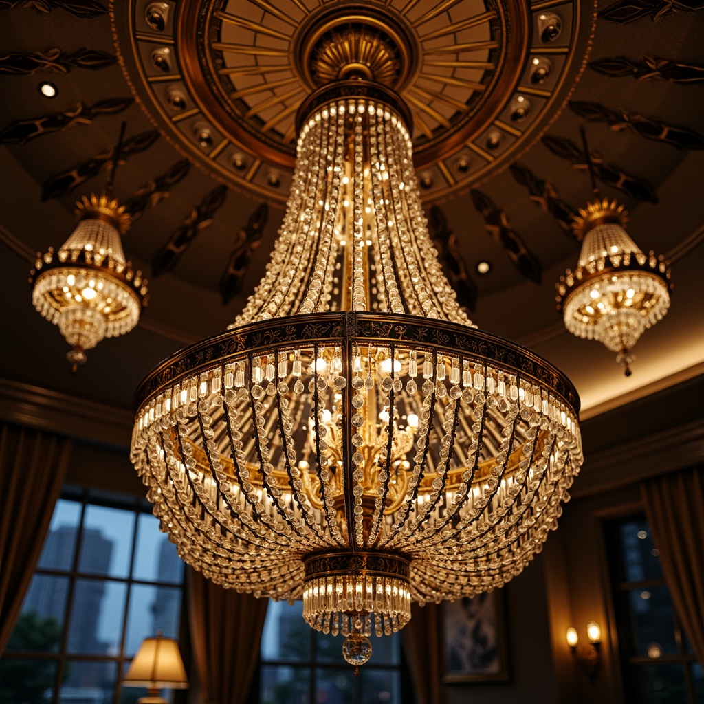 Prompt: Opulent chandeliers, crystal droplets, metallic accents, luxurious fabrics, ornate metalwork, geometric patterns, zigzag motifs, sunburst designs, circular shapes, glamorous sconces, lavish pendants, rich bronze finishes, polished chrome details, elegant wall lights, sophisticated floor lamps, intricate glasswork, beveled edges, ornamental fixtures, lavish crystal prisms, dramatic ceiling fixtures, moody warm lighting, low-key shadows, high-contrast ambiance, cinematic atmosphere.