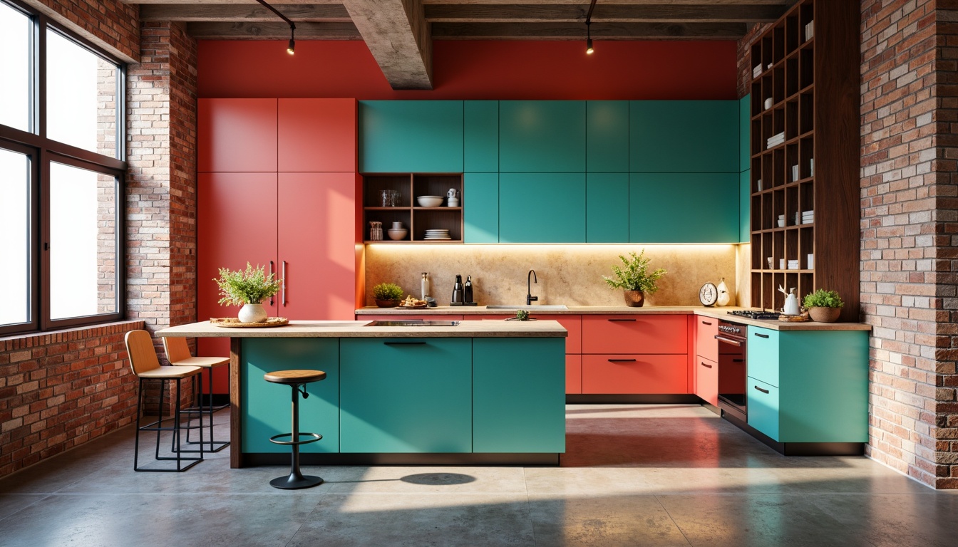 Prompt: Vibrant coral hue, Bauhaus-inspired kitchen design, geometric shapes, bold color blocks, contrasting textures, industrial chic, exposed brick walls, polished concrete floors, sleek metal cabinets, minimalist hardware, pops of bright turquoise, warm beige countertops, rich walnut wood accents, matte black appliances, urban loft atmosphere, natural light pouring in, shallow depth of field, 1/1 composition, soft warm lighting, realistic reflections.