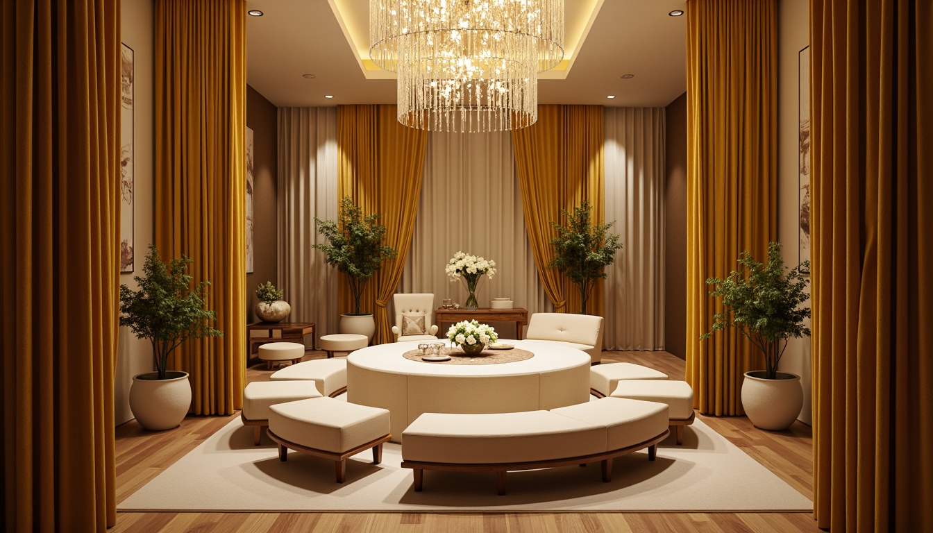 Prompt: Rich velvet drapes, luxurious golden accents, warm beige walls, soft cream furnishings, elegant chandeliers, refined wooden floors, sophisticated modern architecture, intimate low ceilings, dramatic spotlights, ambient warm glow, shallow depth of field, 2/3 composition, realistic textures, subtle shadowing.