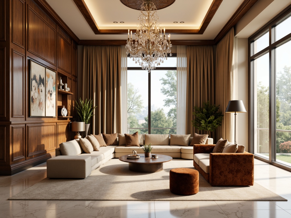 Prompt: Luxurious living room, richly textured finishes, warm beige walls, ornate wooden panels, polished marble floors, plush velvet sofas, tufted ottomans, metallic accents, crystal chandeliers, dramatic floor-to-ceiling windows, soft diffused lighting, atmospheric shadows, 1/1 composition, realistic renderings, ambient occlusion.