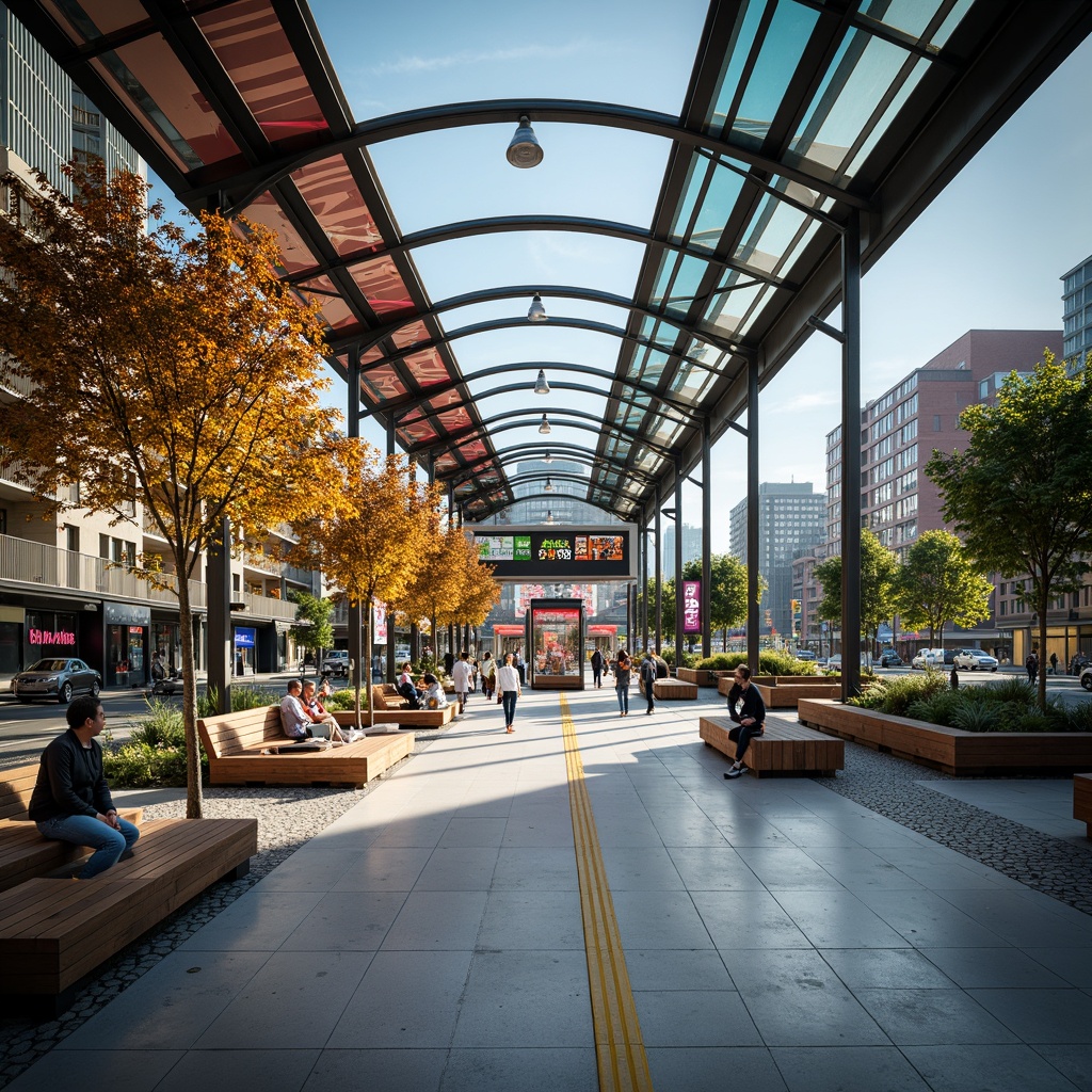 Prompt: Vibrant bus station, modern architecture, curved lines, sleek metal framework, glass roofs, natural light, polished concrete floors, wooden benches, bold color schemes, neon signs, urban landscape, busy streets, morning commute, soft warm lighting, shallow depth of field, 1/1 composition, realistic textures, ambient occlusion.