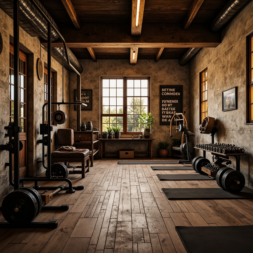 Prompt: Rustic home gym, distressed wood floors, worn-out metal equipment, vintage dumbbells, faded workout mats, rough concrete walls, industrial-style lighting fixtures, exposed brick textures, peeling paint, old-school weightlifting machines, motivational quotes, dimly lit atmosphere, warm golden lighting, shallow depth of field, 1/1 composition, realistic wear and tear, ambient occlusion.