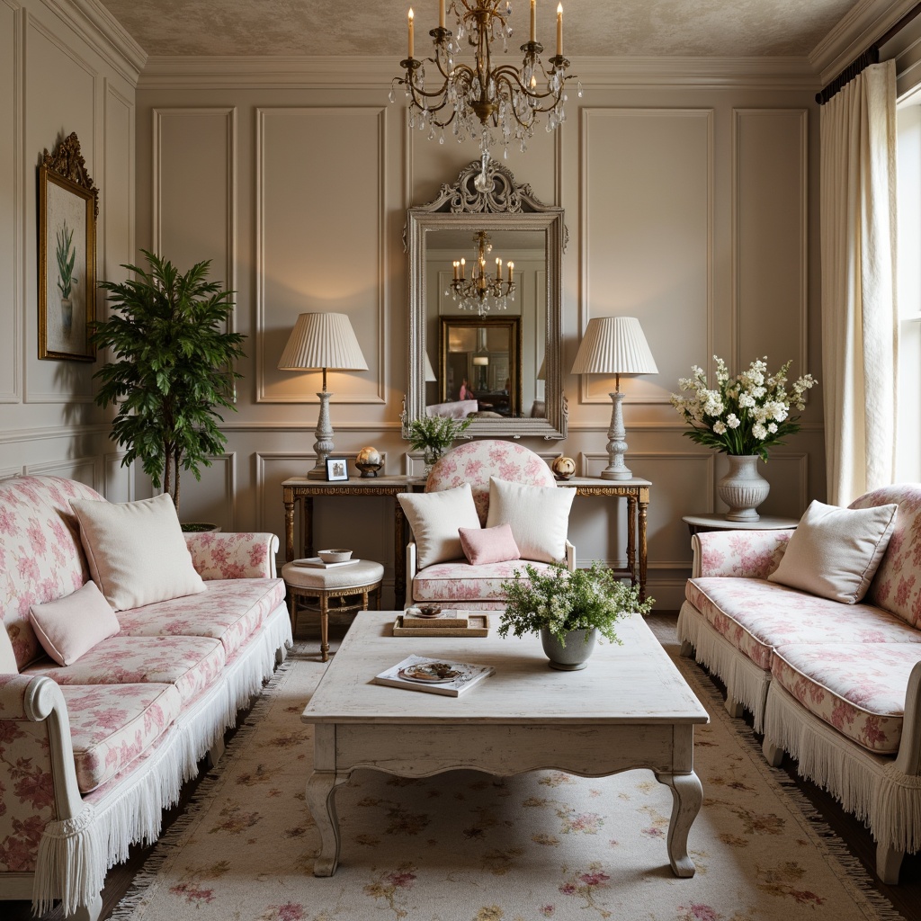 Prompt: Distressed vintage furniture, soft pastel hues, lace trimmings, floral patterns, ornate mirrors, rustic wooden accents, elegant chandeliers, linen drapes, velvet pillows, antique accessories, distressed finishes, romantic candlelight, warm beige walls, French country-inspired decor, natural fabrics, feminine touches, whimsical details, eclectic mix of vintage pieces.