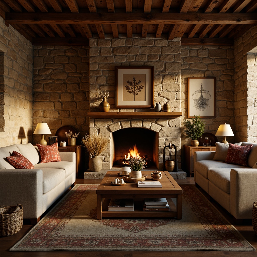 Prompt: Cozy family room, warm fireplace, rustic stone walls, comfortable seating area, plush couches, soft cushions, warm lighting, crackling fire sounds, wooden coffee table, woven baskets, earthy color palette, natural textiles, vintage decorative items, rich wood tones, classic brick fireplace, ornate metalwork, golden hour ambiance, shallow depth of field, 1/2 composition, realistic textures, ambient occlusion.