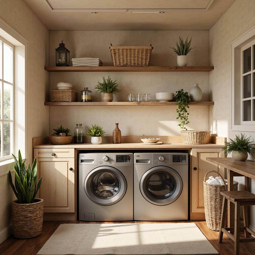 Prompt: Cozy laundry room, warm beige walls, soft pastel colors, gentle lighting, rustic wooden shelves, vintage metal appliances, woven wicker baskets, natural linen fabrics, calming atmosphere, subtle texture overlays, 1/1 composition, shallow depth of field, softbox lighting, realistic fabric simulations.