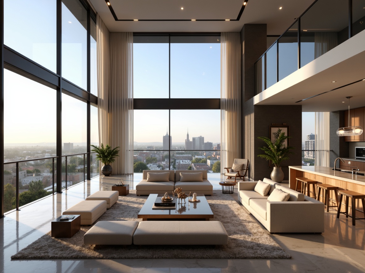 Prompt: Luxurious penthouse, open floor plan, high ceilings, sleek modern furniture, polished marble floors, minimalist decor, floor-to-ceiling windows, breathtaking city views, panoramic vistas, abundant natural light, soft warm ambiance, 1/1 composition, shallow depth of field, real-time rendering, ambient occlusion, metallic accents, glass railings, spacious living areas, gourmet kitchen, high-gloss cabinetry, stylish pendant lighting, plush area rugs, chic minimalist color palette.