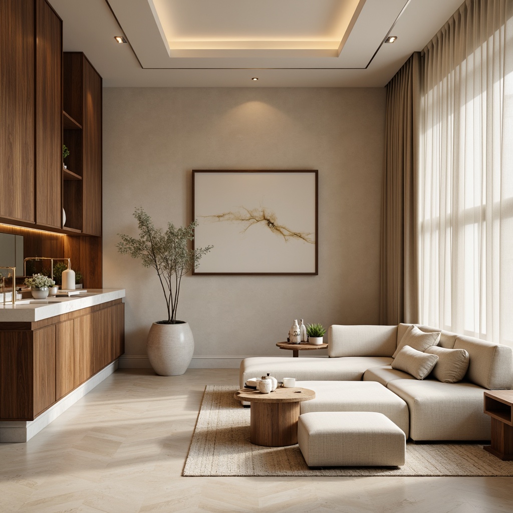 Prompt: Soft warm beige walls, rich walnut wood accents, plush velvet furniture, delicate linen drapes, elegant marble countertops, subtle metallic highlights, muted earthy tones, serene pastel hues, creamy whites, gentle warm lighting, shallow depth of field, 1/1 composition, realistic textures, ambient occlusion.