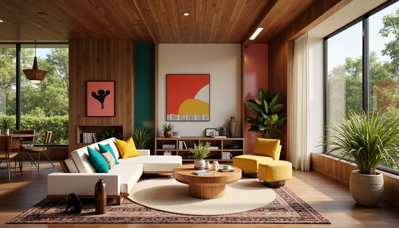 Prompt: Vibrant mid-century modern interior, retro-inspired color palette, warm earthy tones, rich walnut wood accents, bold graphic patterns, geometric shapes, natural textiles, organic forms, abundant greenery, large windows, soft diffused light, warm beige walls, pops of bright coral, turquoise, and yellow, eclectic decorative accessories, minimalist furniture silhouettes, subtle brass hardware, 1/1 composition, shallow depth of field, realistic textures.