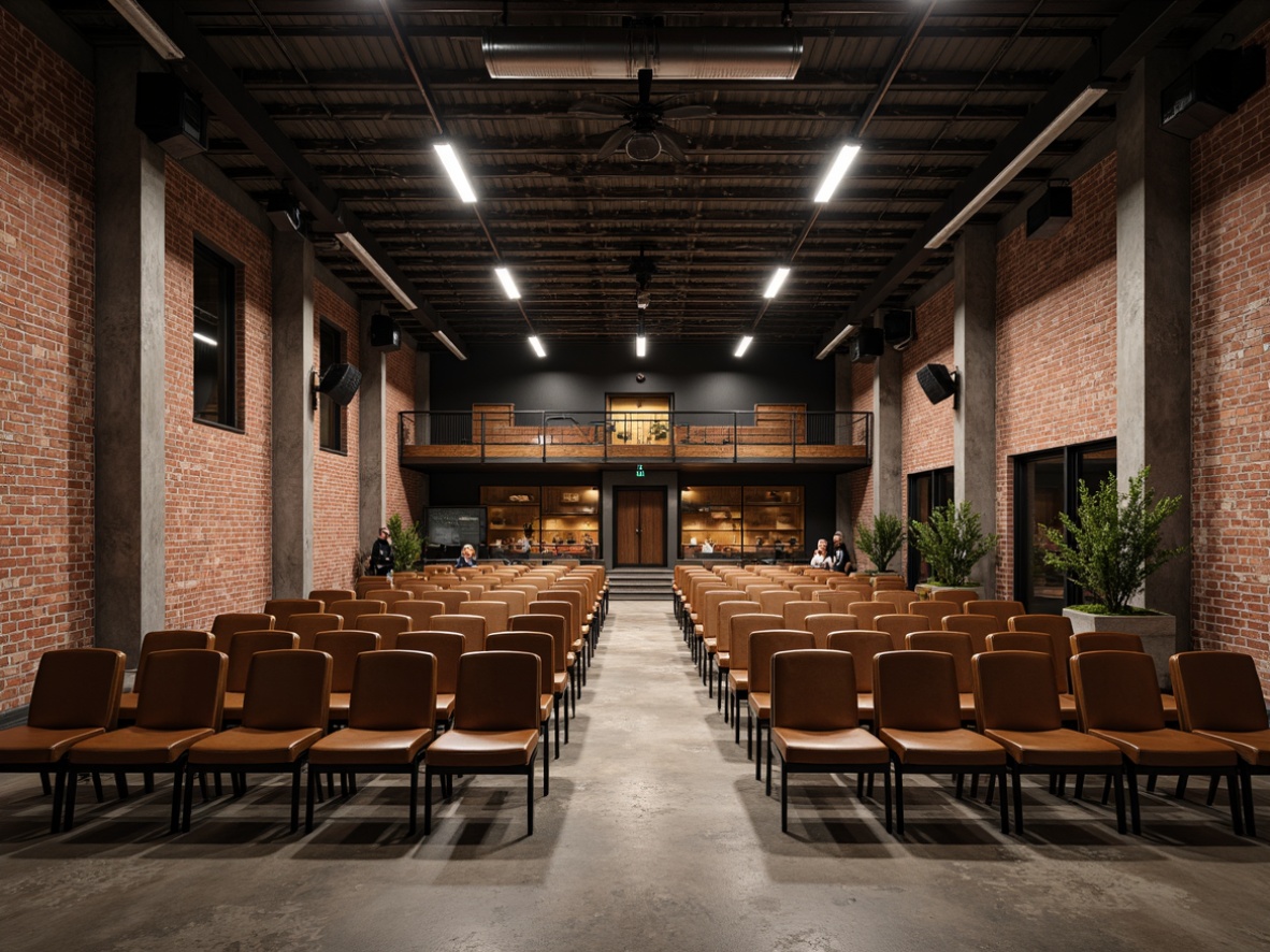 Prompt: Rustic industrial auditorium, exposed brick walls, metal beams, reclaimed wood floors, vintage metal chairs, distressed leather upholstery, minimalist decor, functional lighting, concrete columns, urban loft atmosphere, elevated stage, professional audio equipment, spotlights, dramatic shadows, 3/4 composition, cinematic perspective, high-contrast lighting, realistic textures, ambient occlusion.