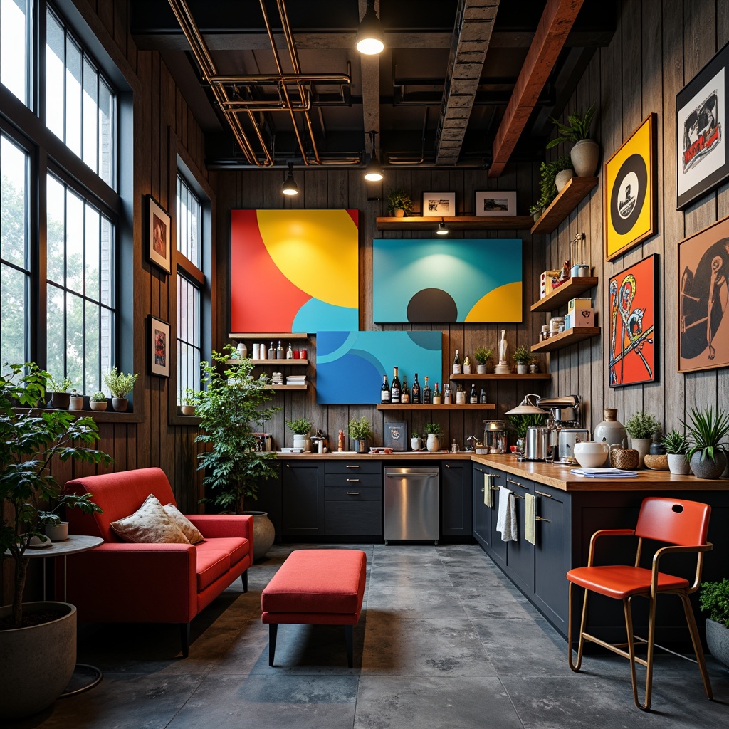 Prompt: Vibrant laboratory interior, expressionist art pieces, bold color blocks, abstract shapes, eclectic furniture, metallic accents, industrial chic lighting, distressed wood textures, urban graffiti walls, avant-garde decor, neon signs, moody ambient lighting, 1/2 composition, close-up shots, high contrast ratios, gritty realistic renderings.