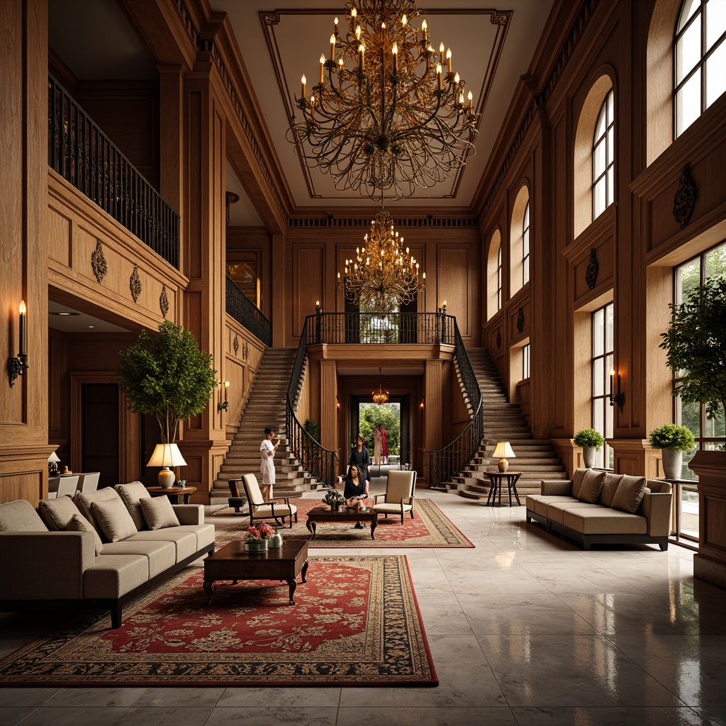 Prompt: Luxurious interior space, ornate furniture pieces, intricate carvings, metallic accents, lavish textiles, opulent chandeliers, grand staircases, marble floors, rich wood paneling, elegant archways, sophisticated color palette, soft warm lighting, shallow depth of field, 3/4 composition, panoramic view, realistic textures, ambient occlusion.