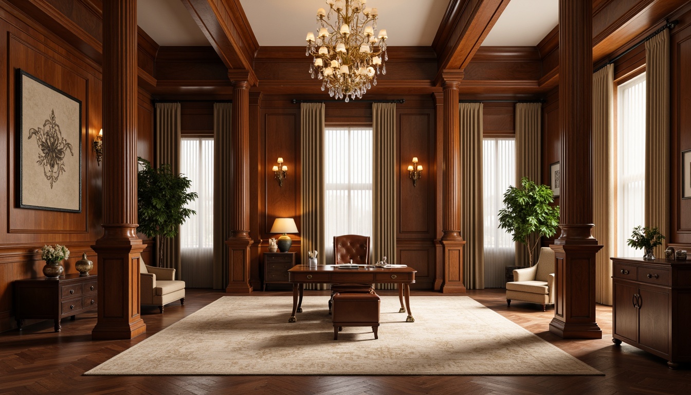 Prompt: Rich wood paneling, luxurious carpets, ornate chandeliers, lavish furnishings, executive desks, high-backed leather chairs, traditional architectural details, columnar structures, warm beige color schemes, soft diffused lighting, subtle textures, elegant accessories, sophisticated artwork, refined patterns, classic lines, harmonious proportions, balanced composition, atmospheric ambiance, realistic reflections.