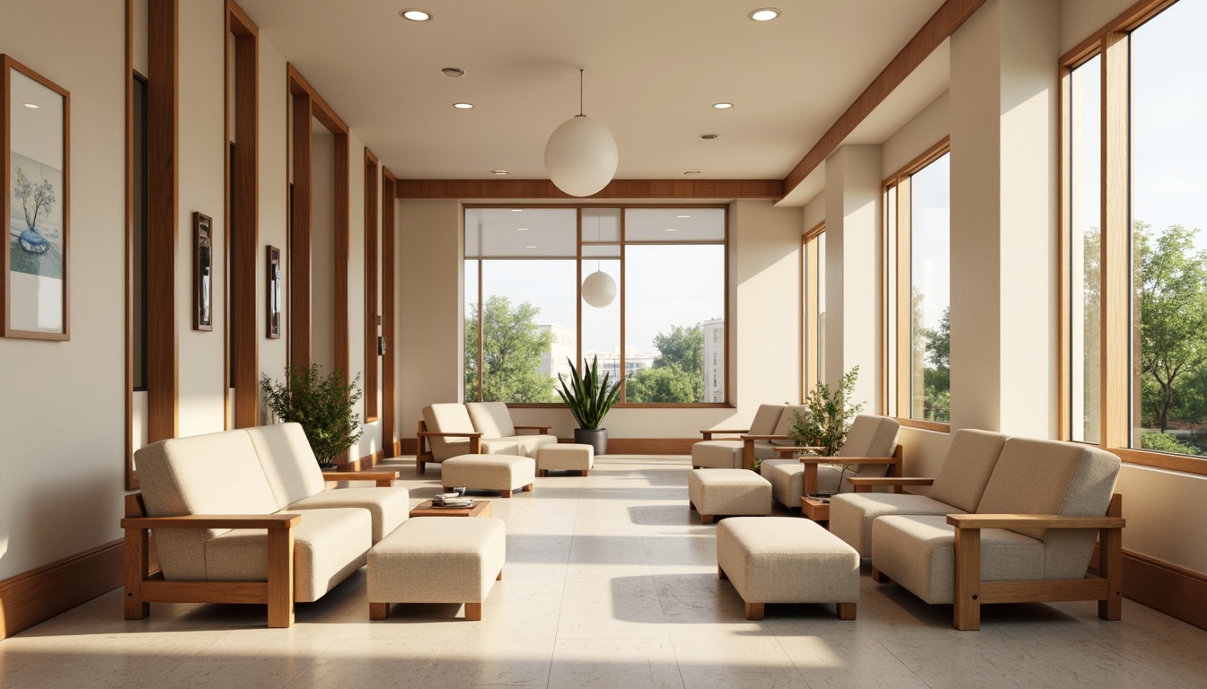 Prompt: Cozy hospital waiting area, soft cushioned chairs, gentle curves, warm beige upholstery, sturdy oak wood frames, rounded edges, calming pastel colors, natural textiles, ergonomic design, adjustable headrests, built-in USB ports, soothing ambient lighting, quiet atmosphere, minimalist decor, green plants, warm wooden accents, comfortable ottomans, serene artwork, soft music background, gentle color palette, 1/1 composition, shallow depth of field, realistic textures.