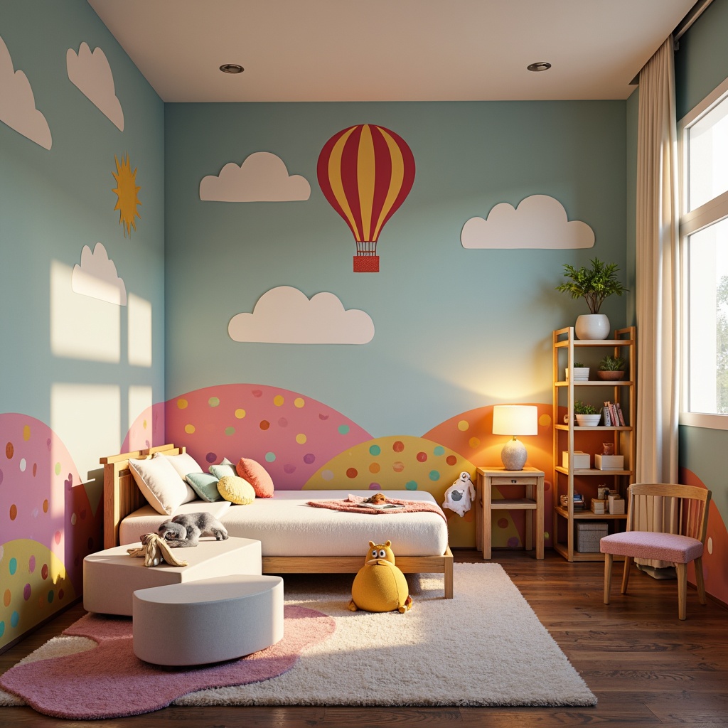 Prompt: Whimsical kids' bedroom, vibrant color palette, playful expressionist style, softbox lighting, warm glowing lamps, cozy reading nook, fantasy-inspired wall murals, stylized clouds, hot air balloon decorations, colorful polka dots, fluffy area rugs, whimsy furniture designs, curved lines, rounded shapes, dreamy ambiance, shallow depth of field, 1/1 composition, soft focus, pastel hues, creamy textures.