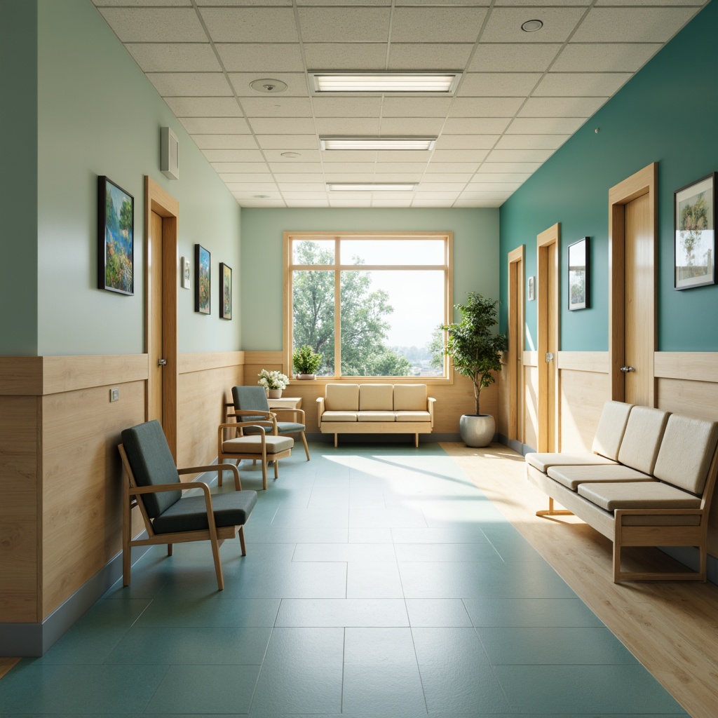 Prompt: Calming hospital corridors, soft warm lighting, gentle pastel hues, soothing blues, muted greens, creamy whites, natural wood accents, comfortable waiting areas, quiet private rooms, serene nurse stations, healing art pieces, peaceful nature views, subtle texture variations, rounded furniture edges, minimal ornamentation, calming color transitions, shallow depth of field, 2/3 composition, realistic material renderings, ambient occlusion.