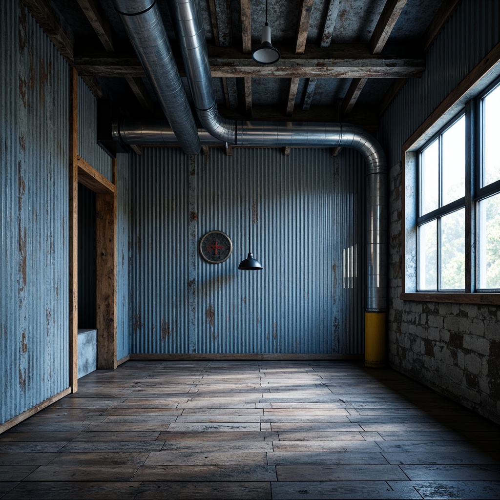 Prompt: Industrial chic warehouse, corrugated metal walls, distressed wood accents, exposed ductwork, urban loft atmosphere, reclaimed wooden floors, metallic sheen, cool blue-grey color palette, dramatic lighting, intense shadows, 3/4 composition, high contrast ratio, gritty textures, realistic reflections.