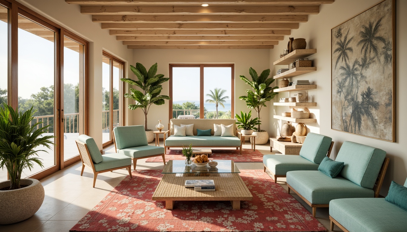 Prompt: Seaside villa, driftwood accents, ocean-inspired color palette, soft sandy beige walls, calming turquoise furniture, natural linen fabrics, woven rattan chairs, glass top coffee table, coral patterned rug, potted tropical plants, floor-to-ceiling windows, sliding glass doors, coastal-themed artwork, distressed wood shelves, nautical rope details, warm golden lighting, shallow depth of field, 1/1 composition, realistic textures, ambient occlusion.